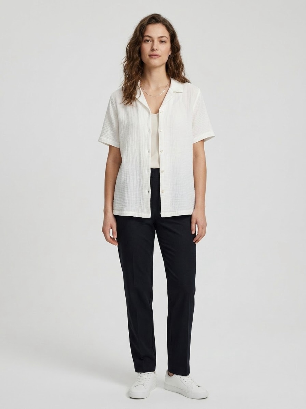 H&M Women's White 100% Cotton Double Gauze Short Sleeve Button Down Shirt